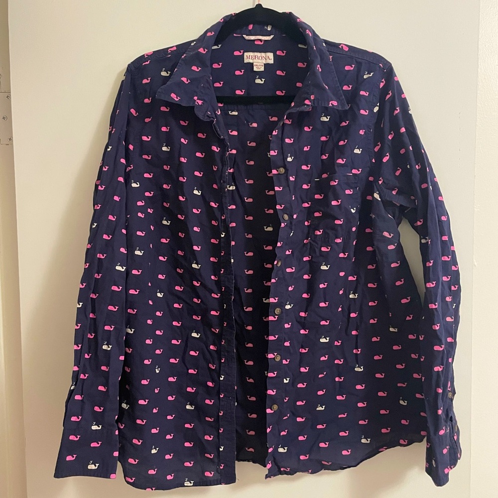 Merona navy cotton pink and while whale button up